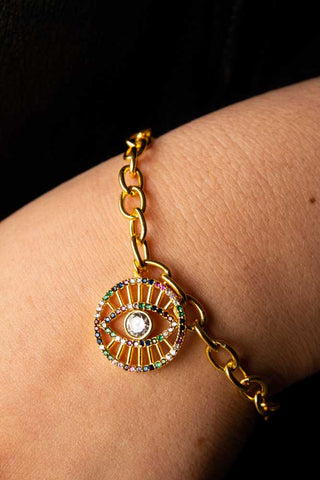 Close-up image of the Gold Crystal Evil Eye Charm Bracelet