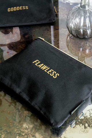 Close-up lifestyle image of the Black Cotton Flawless Pouch Make Up Bag