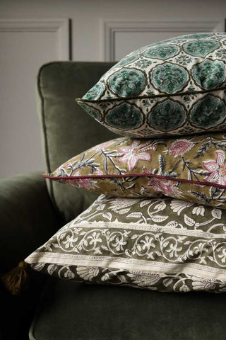 Image of three stacked cushions featuring the Green Clover Block Printed Cushion