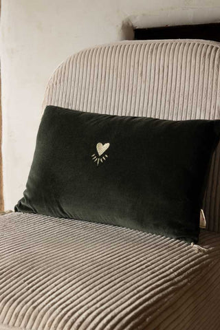 Image of the Heart Velvet Cushion In Forest Green