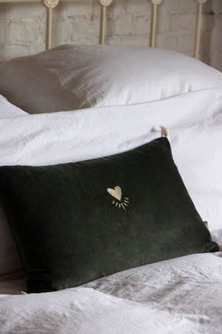 Detail image of the Heart Velvet Cushion In Forest Green