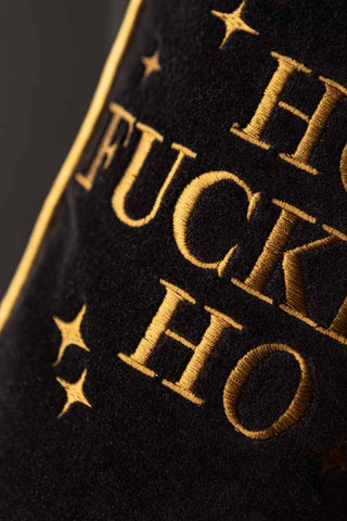 Close-up image of the Ho Fucking Ho Black Velvet Embroidered Christmas Stocking