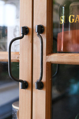 Detail image of the handles on the Industrial Style Wooden Display Cabinet On Wheels 