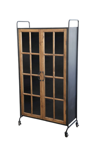 Image of the Industrial Style Wooden Display Cabinet On Wheels on a white background