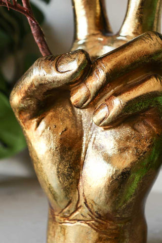 Close-up image of the Large Antique Gold Peace Hand Ornament/Vase