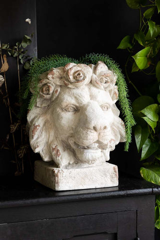 Front on lifestyle image of the Large Rustic Stone Effect Lion Head Planter