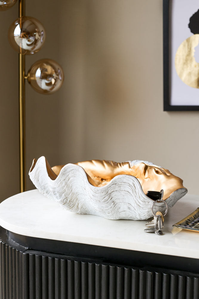 Large White & Gold Clam Shell Display Dish