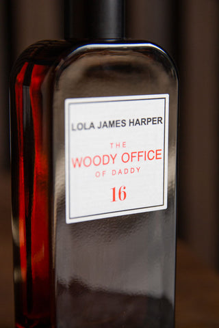 Image of the label on the Lola James Harper Woody Office Room Spray