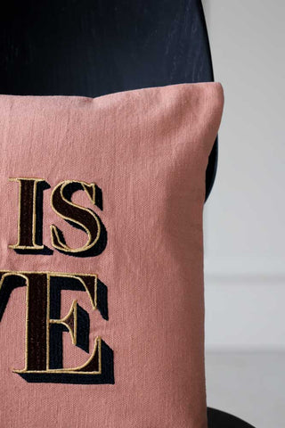 Image of the Love Is Love Embroidered Blush Pink Cushion on a chair