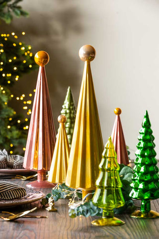 Lifestyle image of the Luxury Set Of 3 Golden Yellow Pleated Christmas Trees as a tablescape