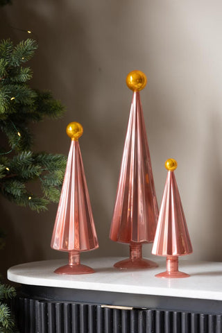 Lifestyle image of the Luxury Set Of 3 Pink & Gold Pleated Christmas Trees