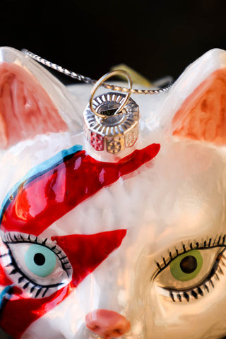 Close-up image of the top of the Meowie Bowie Christmas Tree Decoration.