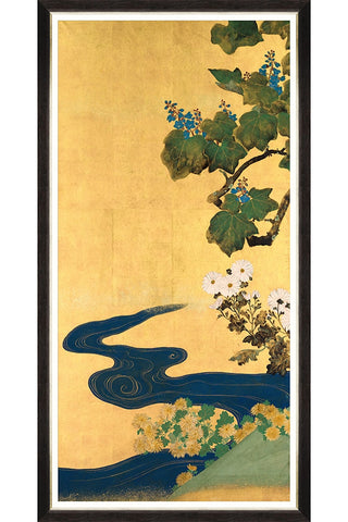 Beautiful framed art print featuring Chinese floral design and river in gold, green and blue.