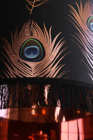Image of the fringe and the lining in the Mind The Gap Peacock Feather Pendant Ceiling Light