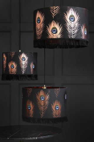 Image of the 3 sizes available in the Mind The Gap Peacock Feather Pendant Ceiling Light