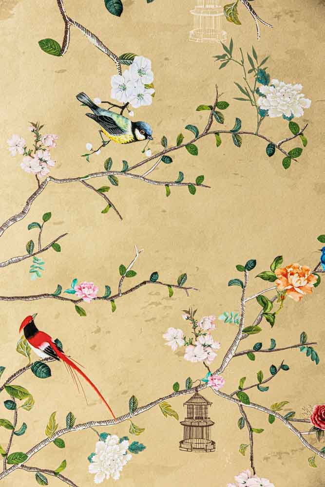 Chinoiserie Peacocks and Butterflies Gold Color Wallpaper  Wall A Plus