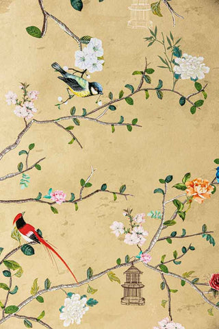 Close-up image of the Rockett St George Modern Chinoiserie Antique Gold Wallpaper