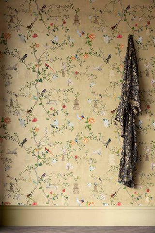 Lifestyle image of the Rockett St George Modern Chinoiserie Antique Gold Wallpaper