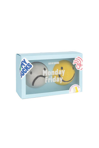 Image of the Monday & Friday Socks packaging on a white background