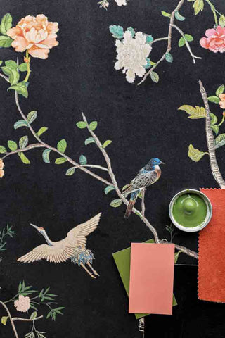 Flat lay image of the Rockett St George Modern Chinoiserie Black Ink Wallpaper