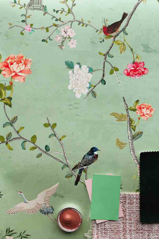 Flat lay image of the Rockett St George Modern Chinoiserie Green Tea Wallpaper