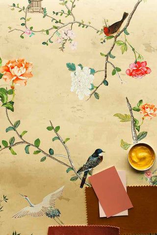 Flat lay image of the Rockett St George Modern Chinoiserie Antique Gold Wallpaper