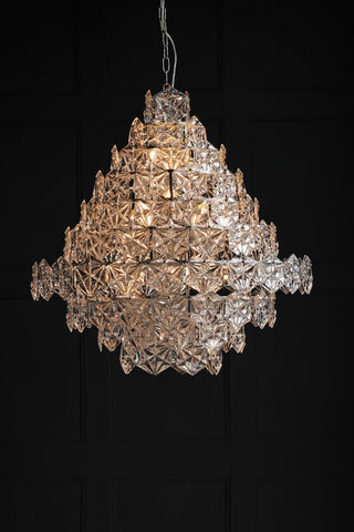 Image of the Showstopping Multi-Layer Glass Chandelier lit up