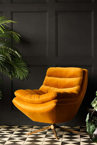 Lifestyle image of the Mustard Velvet Swivel Chair