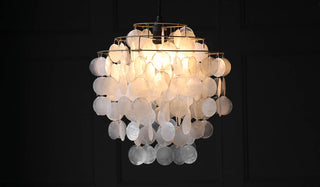 Landscape image of the Natural Shell Tiered Ceiling Light, the lampshade is made from pretty shells in a chandelier formation.