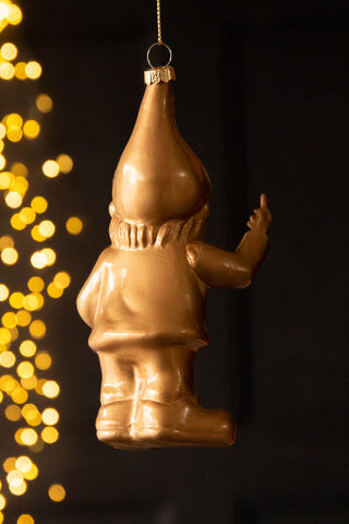 Image of the back of the Naughty Gold Gnome Christmas Tree Decoration
