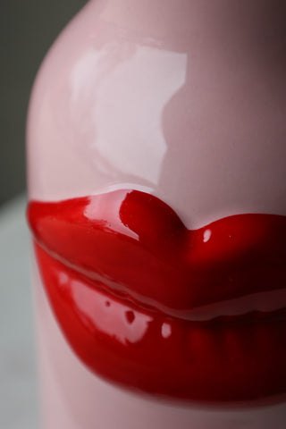 Close-up image of the lips on the Pink Ceramic Vase With Luscious Red Lips