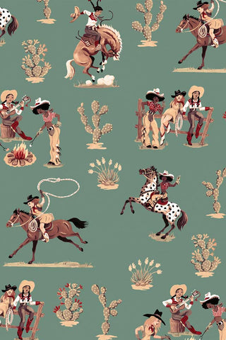 Close-up image of the Poodle & Blonde Cliftonville Cowgirls Mirage Wallpaper