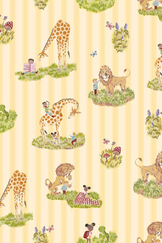 Close-up image of the Poodle & Blonde Story Time Daisy Stripe Wallpaper