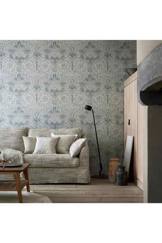 Lifestyle image of the Pure Morris North Wallpaper - Pure Honeysuckle - Cloud Grey
