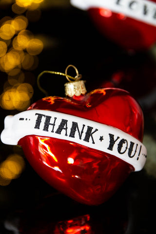 Close-up image of the Red Thank You Heart Christmas Tree Decoration