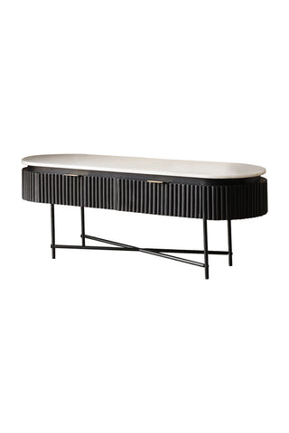 Image of the Reeded Black Wood & Marble Low Console Table / TV Unit on a white background