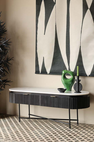 Image of the Reeded Black Wood & Marble Low Console Table / TV Unit without a tv