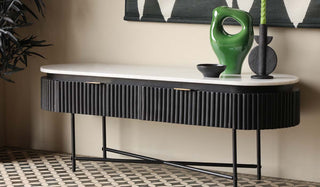 Landscape image of the Reeded Black Wood & Marble Low Console Table / TV Unit