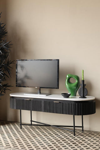 Image of the Reeded Black Wood & Marble Low Console Table / TV Unit with a TV