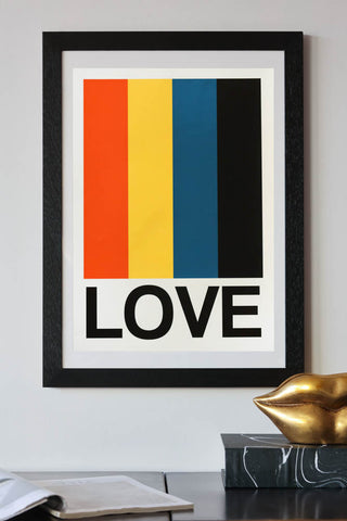 Lifestyle image of the Retro Stripe LOVE Sundaze By Frances Collett A2 Art Print With Black Wooden Frame