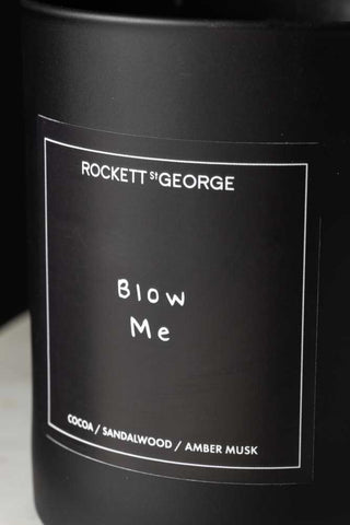 Detail image of the Rockett St George Black Blow Me Scented Candle label