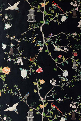 Close-up image of the Rockett St George Modern Chinoiserie Black Ink Wallpaper