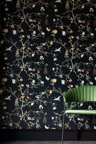 Lifestyle image of the Rockett St George Modern Chinoiserie Black Ink Wallpaper