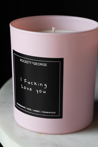 Close-up image of the Rockett St George Pink I Fucking Love You Scented Candle