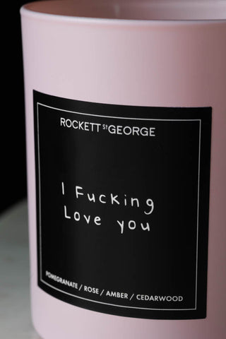 Detail image of the Rockett St George Pink I Fucking Love You Scented Candle label