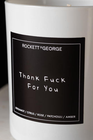 Detail image of the Rockett St George White Thank Fuck For You Scented Candle label