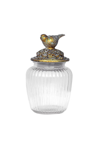 Image of the Round Antique Bird Decorative Glass Jar on a white background
