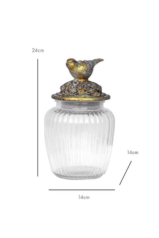 Image of the Round Antique Bird Decorative Glass Jar on a white background with dimensions