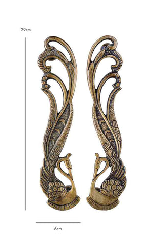 Image of Set Of 2 Art Deco Brass Swan Door Handles on a white background with dimensions
