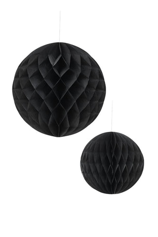 Image of the Set Of 2 Black Honeycomb Ball Decorations on a white background